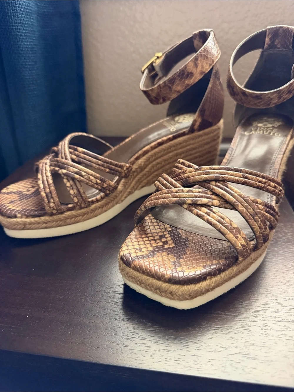 Vince Camuto Brown Snake-Print Ankle-Strap Wedge Sandals